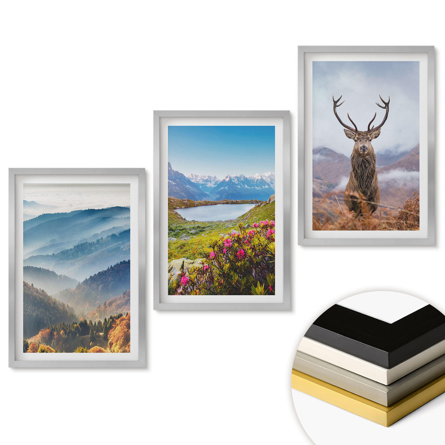 WANDBILDER 3er Set - 40x60 cm Silberner Rahmen - Natur des Bergseehirsches - Silberfarben, Kunststoff (40/60cm) - ArtPrintCave