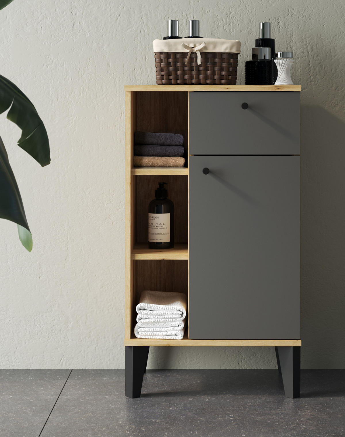 BADKOMMODE grau, Evoke Eiche, Badkommode, 51 x 90 cm - Eichefarben/Schwarz, Holzwerkstoff/Metall (51/90/33cm) - Furn.Design