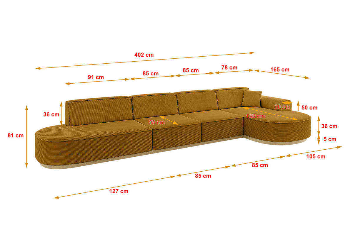 ECKSOFA Ottomane Rechts MARI-L3-v2 - 413x171x83 cm Senfgelb Cord - Gelb, Holzwerkstoff/Textil (171/413cm) - ALTDECOR