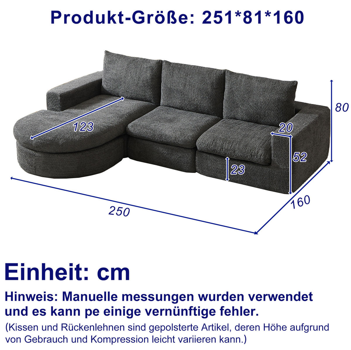 ECKSOFA 250/160/80 cm Sofa grau aus Chenille mit Chaiselongue und Nackenkissen - Grau, Textil (160/250cm) - OKWISH