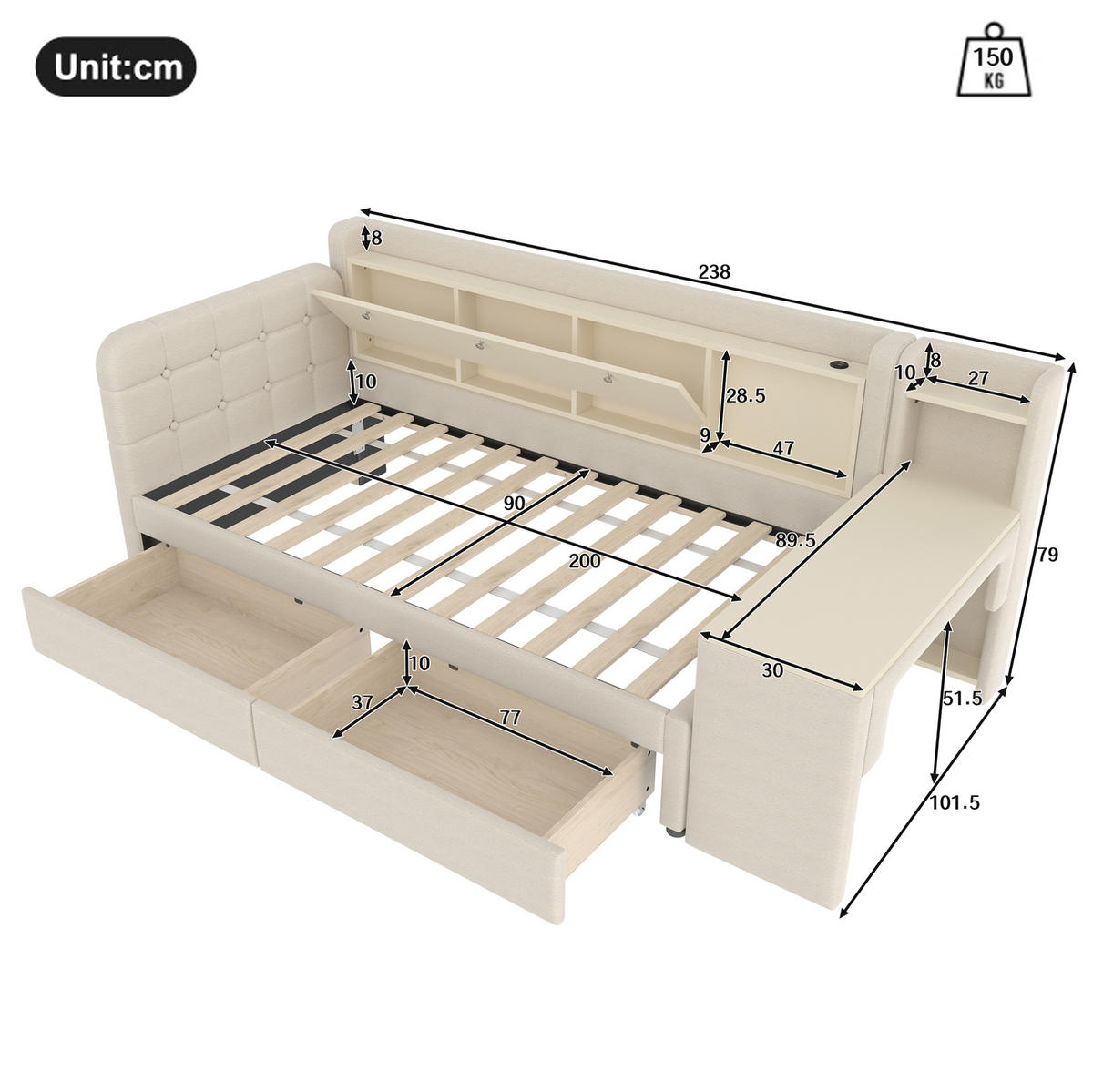 POLSTERBETT aus Leinen 90x200 cm in Beige mit Schreibtisch & 2 Schubladen - Beige, Textil (90/200cm) - Modfu