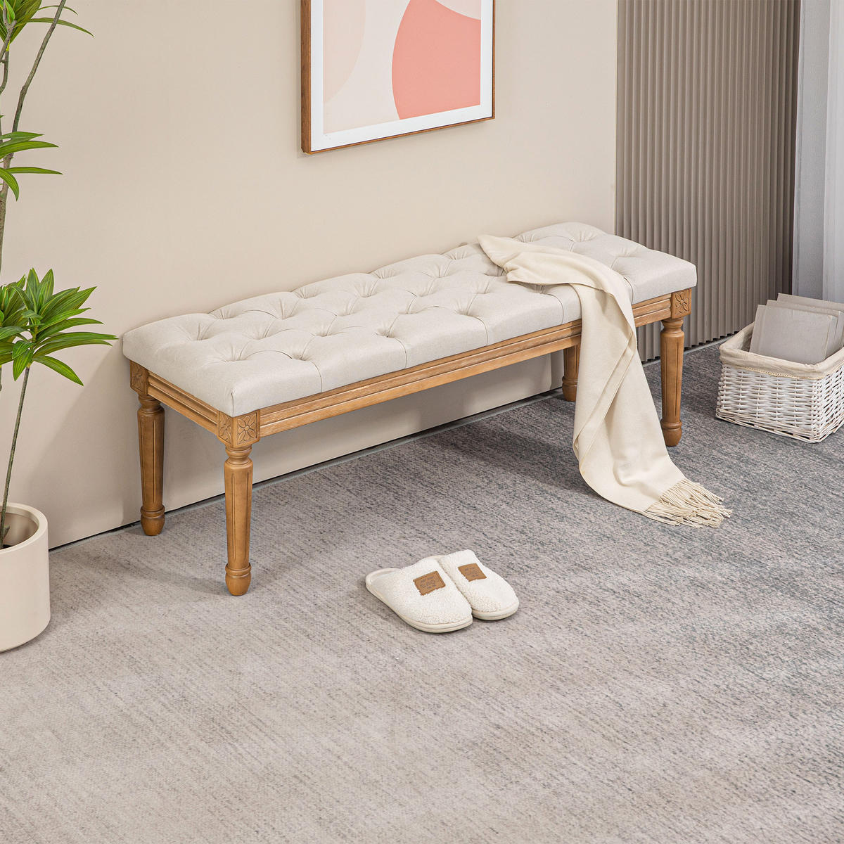 SITZBANK, Polsterbank mit Leinenoptik, Holzbeine für Schlafzimmer, Creme - Eukalyptusholzfarben/Creme, Holz/Kunststoff (41/48/120cm) - HOMCOM