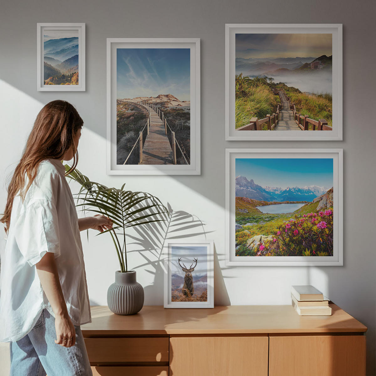 WANDBILDER 5er-Set - 50x50 cm & 20x30 cm & 40x60 cm Weißer Rahmen - Berglandschaft, See, Hirsche - Weiß, Kunststoff (40/60cm) - ArtPrintCave