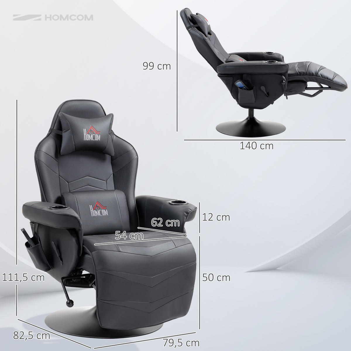 RELAXSESSEL mit Massagefunktion, Elektrisch Fernsehsessel mit Liegefunktion - Schwarz, Leder/Kunststoff (82.5/111.5/79.5cm) - HOMCOM
