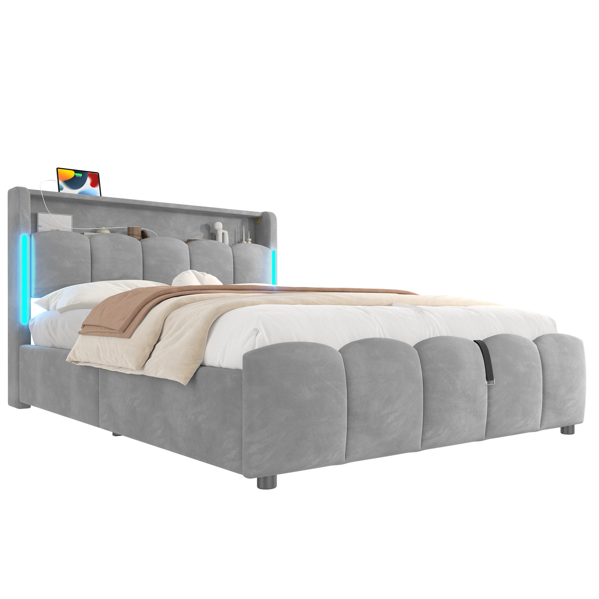 POLSTERBETT 140/200 cm Grau aus Samt mit LED-Beleuchtung - Grau, Textil (140/200cm) - OKMYHOME