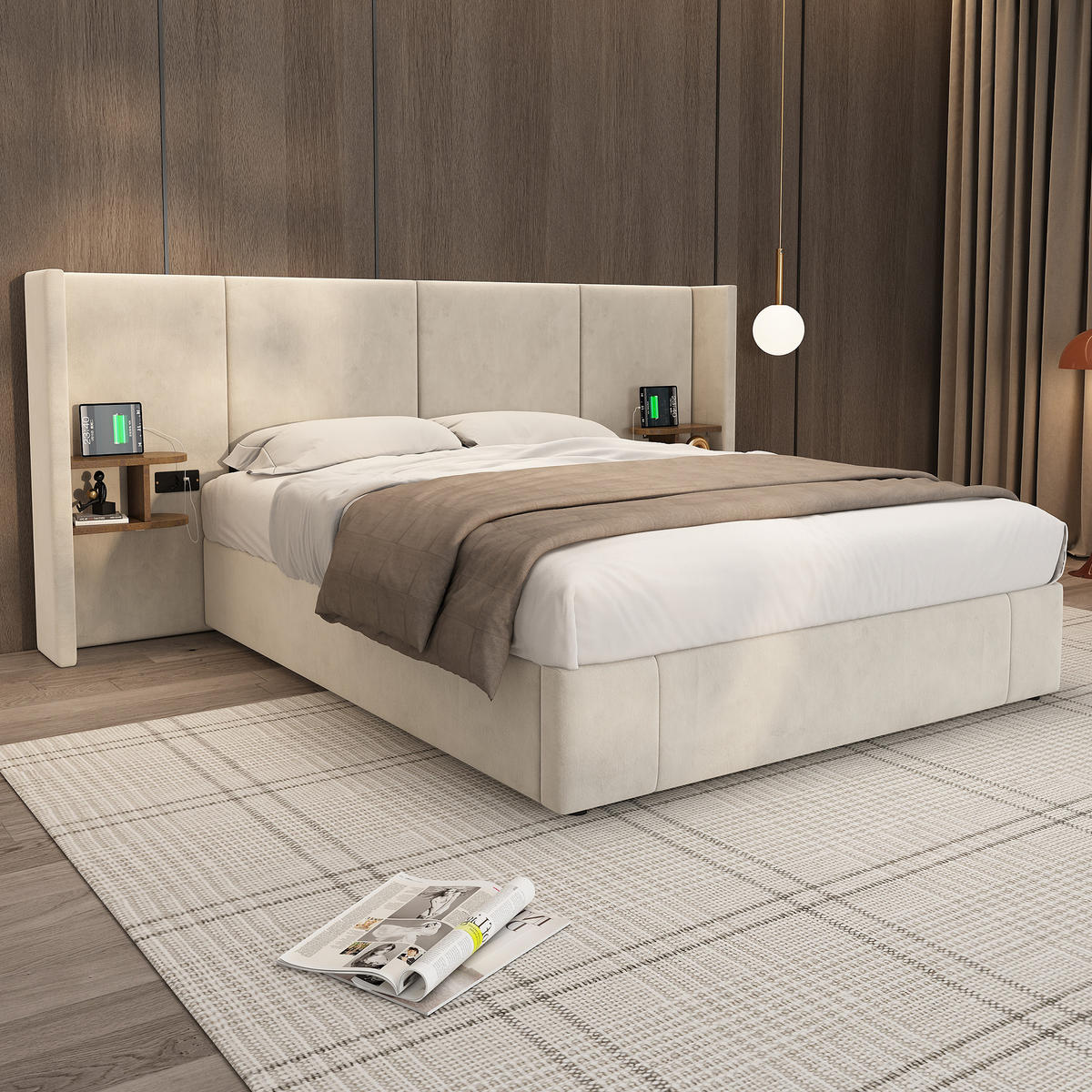 POLSTERBETT 160/200 cm Beige Samt mit hydraulischem Bettkasten und USB- und Type-C-Anschlüssen - Beige, Textil (160/200cm) - OKWISH