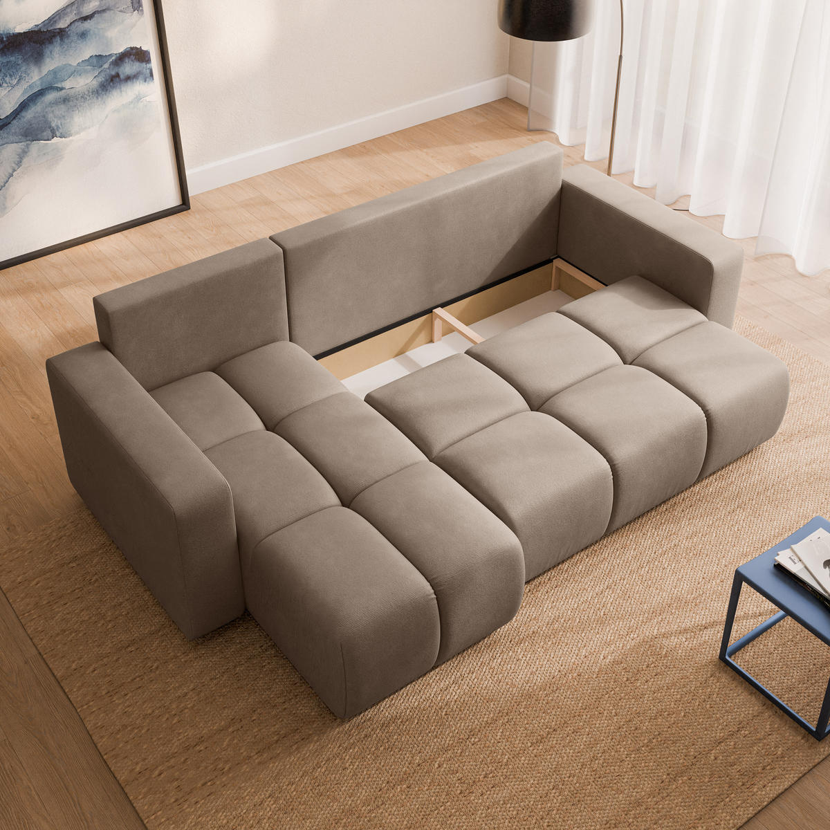 ECKSOFA RAMIL Beige Plüsch-Stoff mit Schlaffunktion - Beige, Holz (240/149cm) - MASSENO