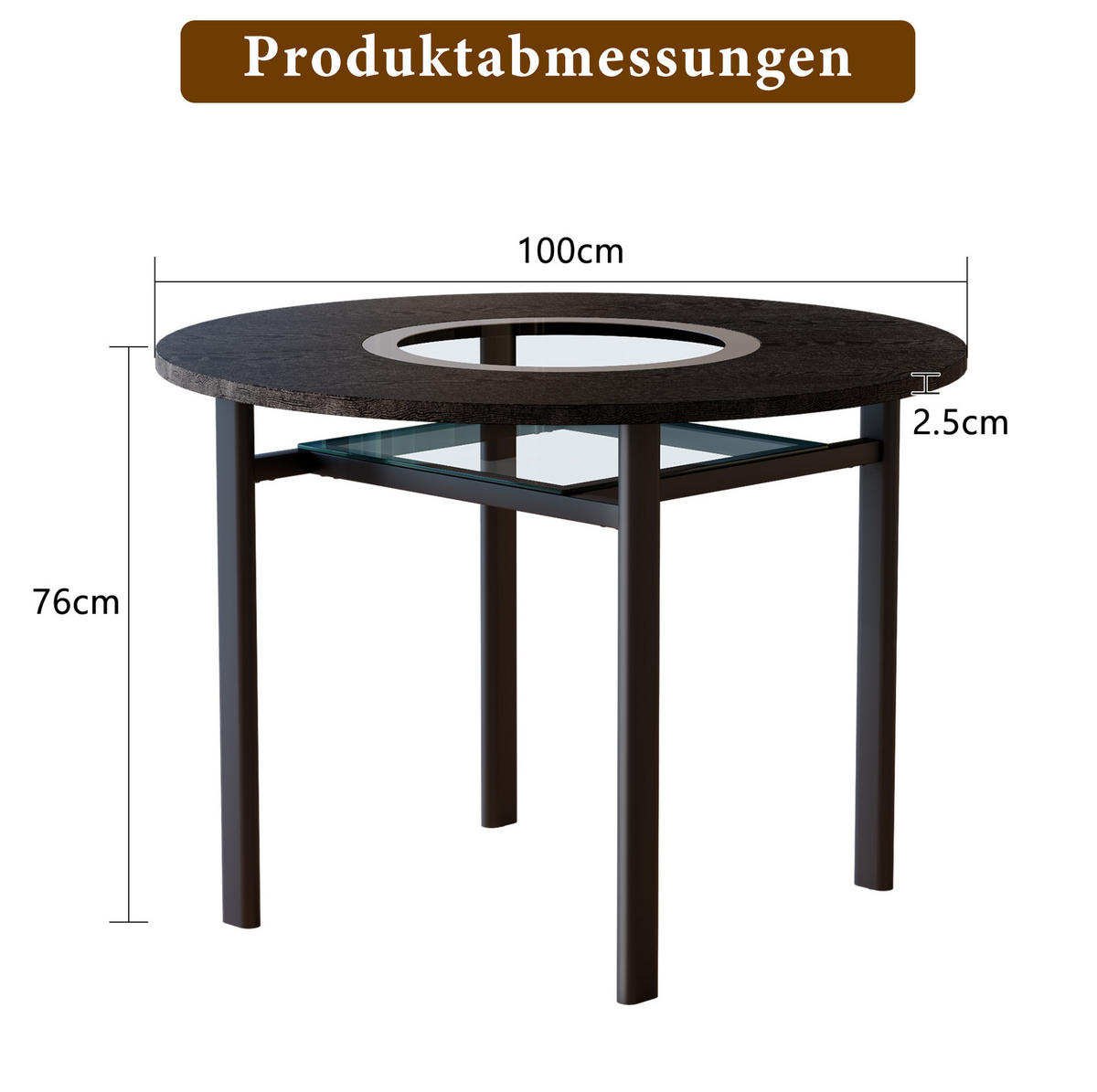 ESSTISCH aus MDF, Glas und Metall 100x100x76 cm Schwarz mit Glasablage und grauer Glaseinlage - Schwarz, Holzwerkstoff (100/100/76cm) - Modfu