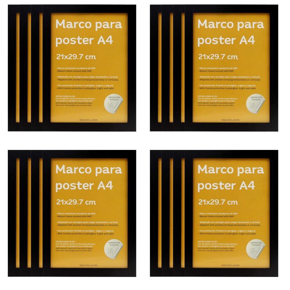 RAHMEN Set mit 12 aus MDF und Acrylglas Schutz und Aussteller für Fotografien, Bilder, Poster, Gemälde, Dekoration für Haus Farbe Schwarz A4 - Schwarz, Holz (21/3/29.7cm) - Nacnic