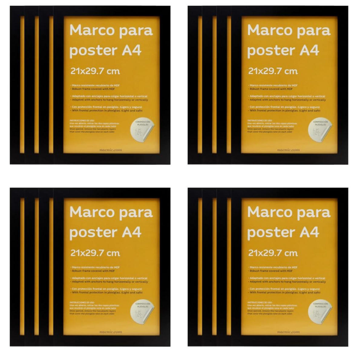 RAHMEN Set mit 12 aus MDF und Acrylglas Schutz und Aussteller für Fotografien, Bilder, Poster, Gemälde, Dekoration für Haus Farbe Schwarz A4 - Schwarz, Holz (21/3/29.7cm) - Nacnic