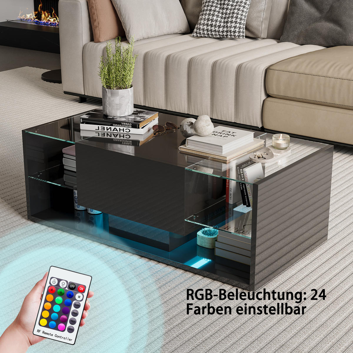 COUCHTISCH mit LED, Hochglanz Wohnzimmertisch, Schwarz 100x50x35 cm - Schwarz, Holz (50/100/35cm)