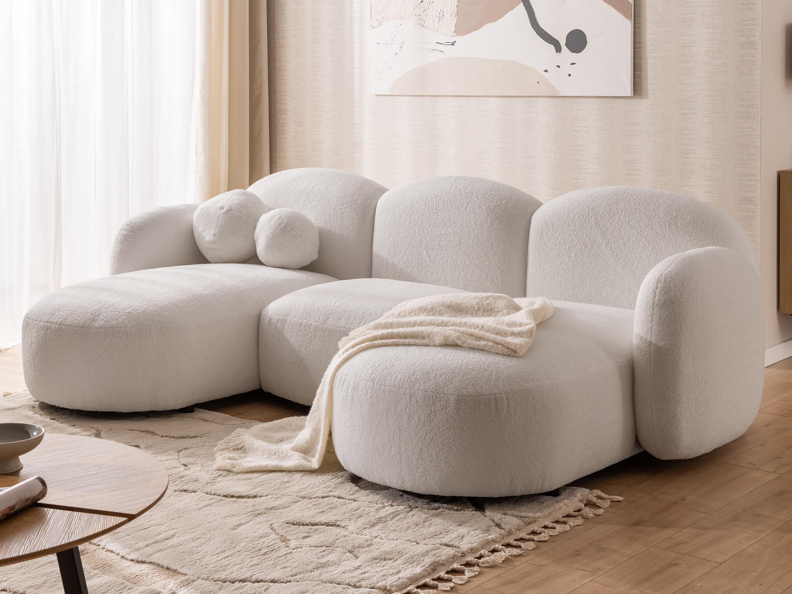 WOHNLANDSCHAFT Nuvola mit abgerundetem Design Weiß Bouclé-Stoff - Schwarz/Weiß, Holz/Kunststoff (268/80/146cm) - S-Style Möbel