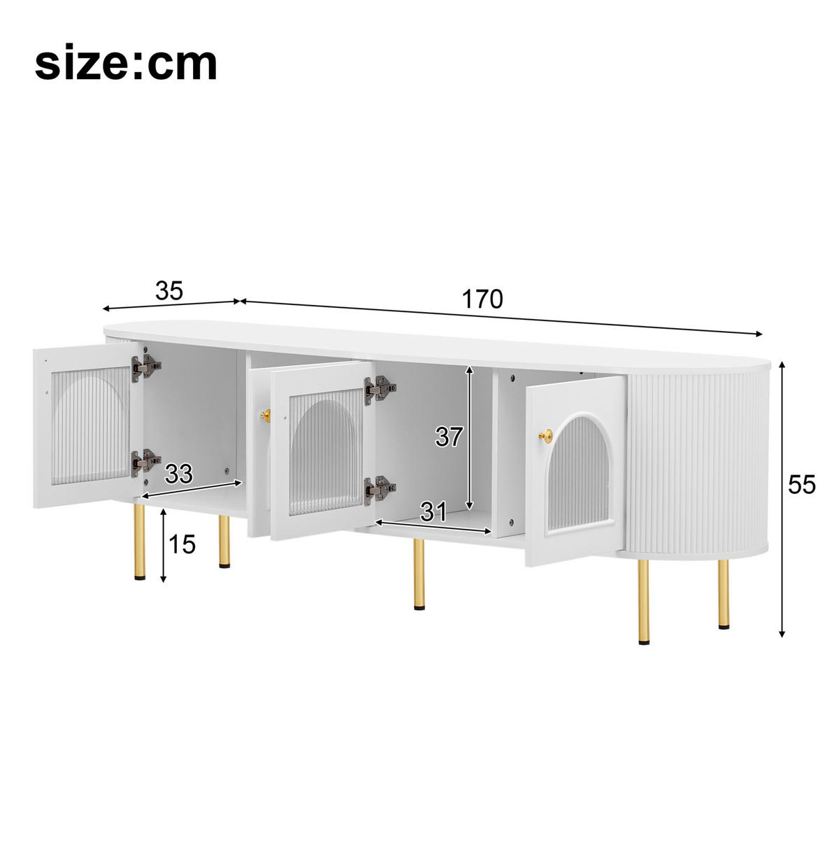 LOWBOARD 170/35/55 cm aus MDF mit 4 Glastüren Weiß/Gold - Weiß, Holzwerkstoff (170/55/35cm) - Modenvie