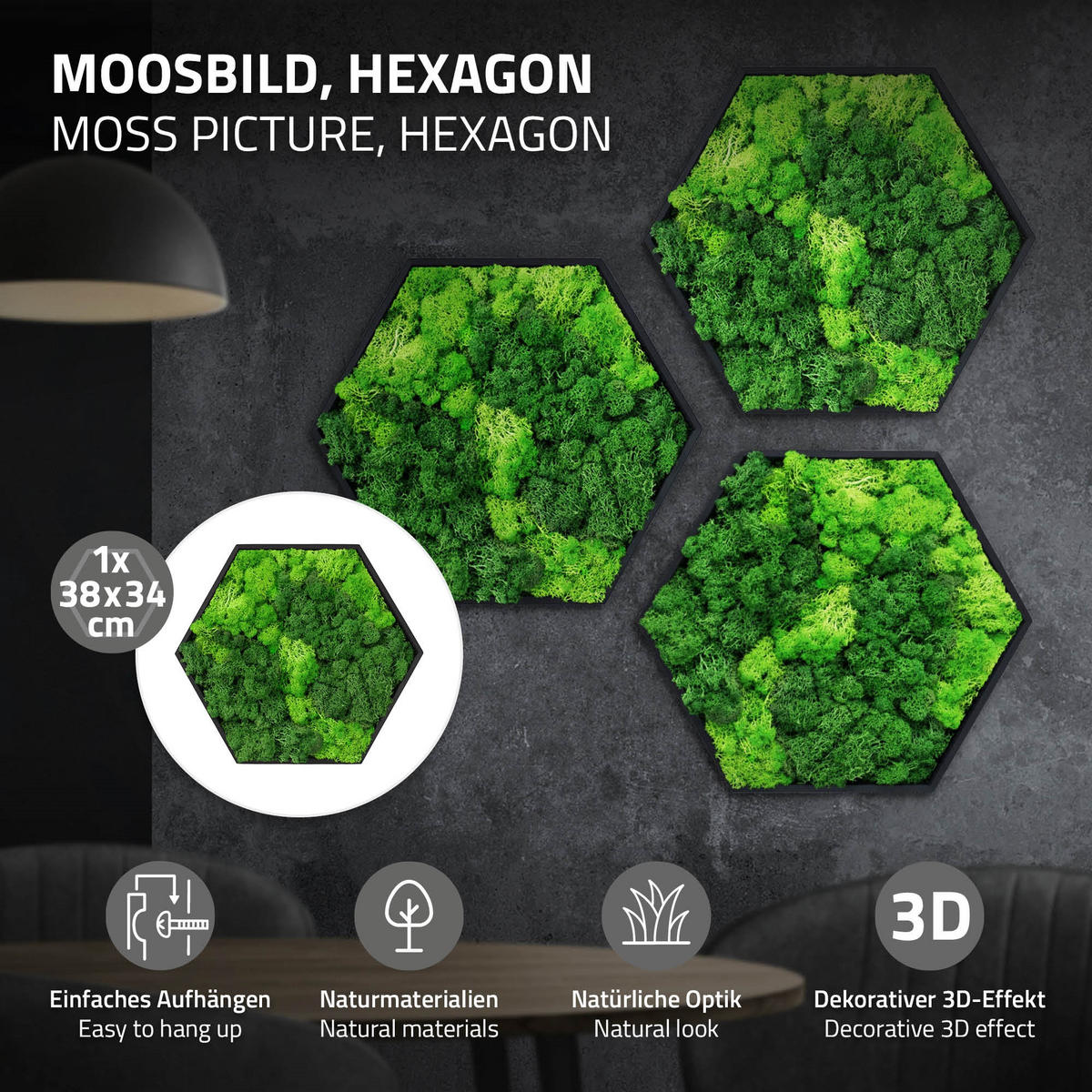MOOSBILD Hexagon 38x34 cm Mooswand Indoor mit echtem Islandmoos und Holzrahmen Grün Pflegefrei - Hellgrün, Naturmaterialien (38/34/3.4cm) - ECD-Germany