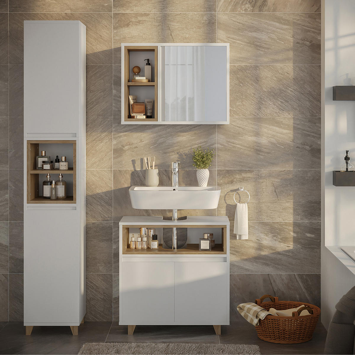 KOUPELNOVÝ NÁBYTEK Elnor Bílá/dub - bílá, kompozitní dřevo (60/61/30cm) - Vicco