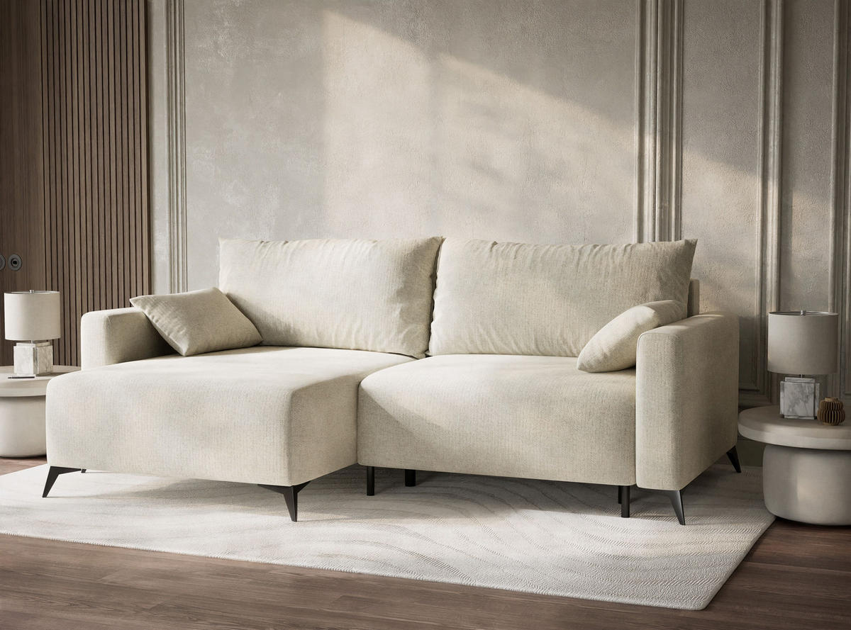 ECKSOFA MIT SCHLAFFUNKTION Leon Creme Chenille-Stoff - Creme/Schwarz, Holz/Holzwerkstoff (148/239cm) - Maison de Reve