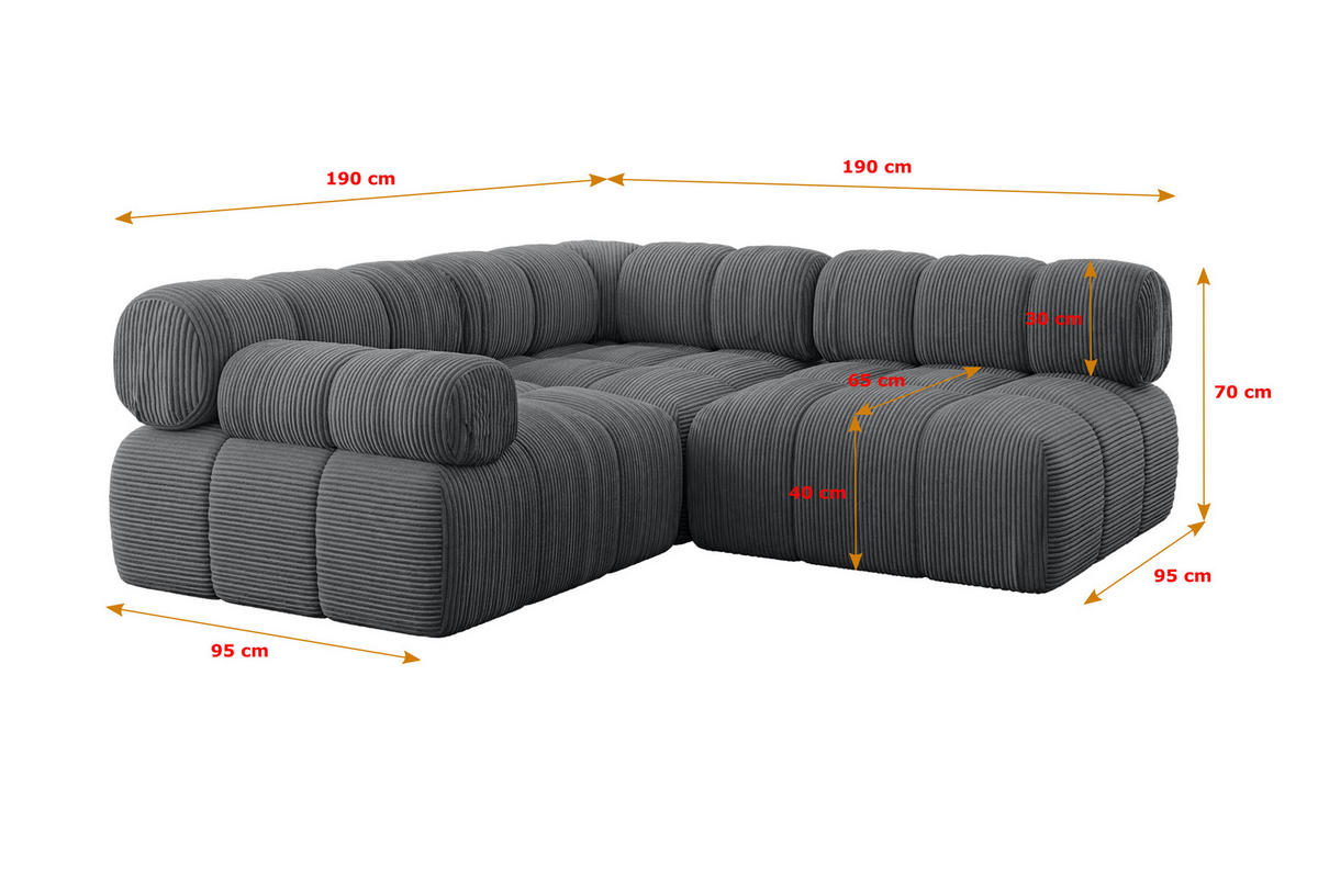 ECKSOFA modulares Sofa Mende-L1 - 190x190x70 cm Dunkelgrau Cord - Dunkelgrau, Holzwerkstoff/Textil (190/190cm) - ALTDECOR