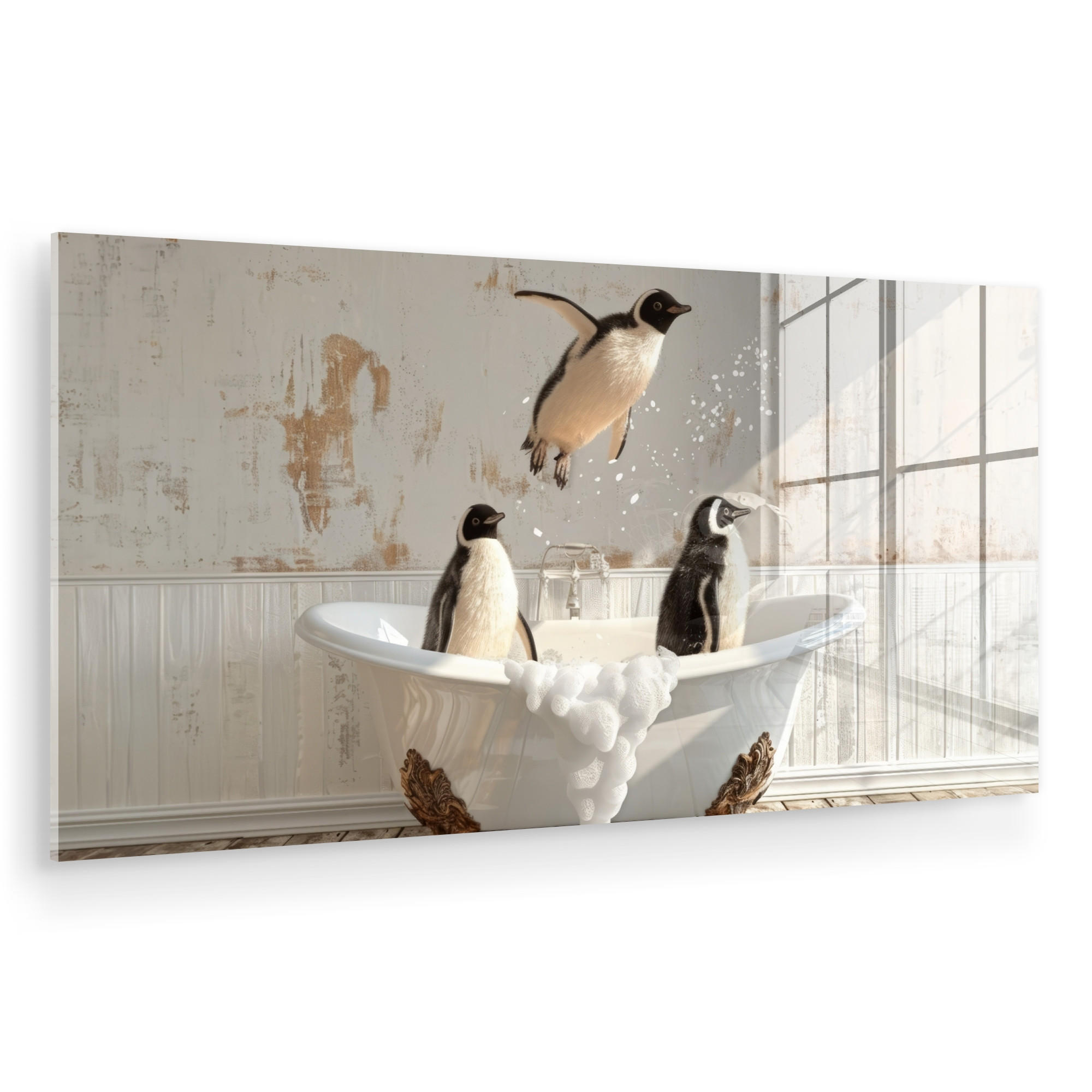 ACRYLGLASBILD Vintage - Pinguin - Badewanne - Schaumstoff 120x60 cm - Schwarz, Glas (120/60cm) - MuchoWow