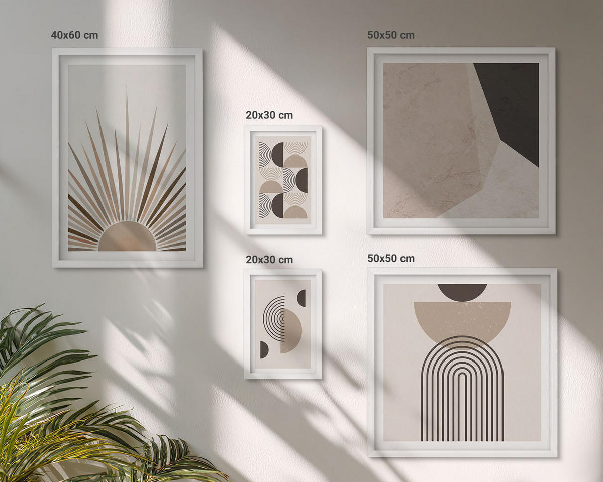BILDER SET 5er Set - 50x50 cm & 20x30 cm & 40x60 cm Weißer Rahmen - Abstrakte beige und braune Formen - Weiß, Kunststoff (40/60cm) - TULUP