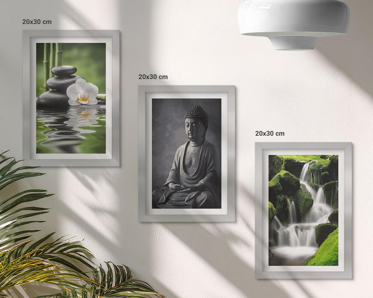 WANDBILDER 3er Set - 20x30 cm Silberner Rahmen - Entspannende Zen-Wassermalerei - Silberfarben, Kunststoff (20/30cm) - ArtPrintCave