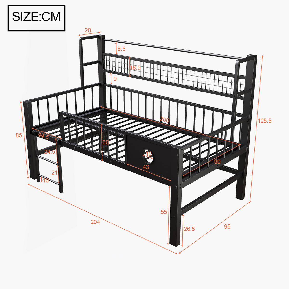 KINDEREINZELBETTEN aus Metall 90x200 cm in Schwarz mit Sicherheitsgitter & Stauraum - Schwarz, Metall (90/200cm) - Modfu