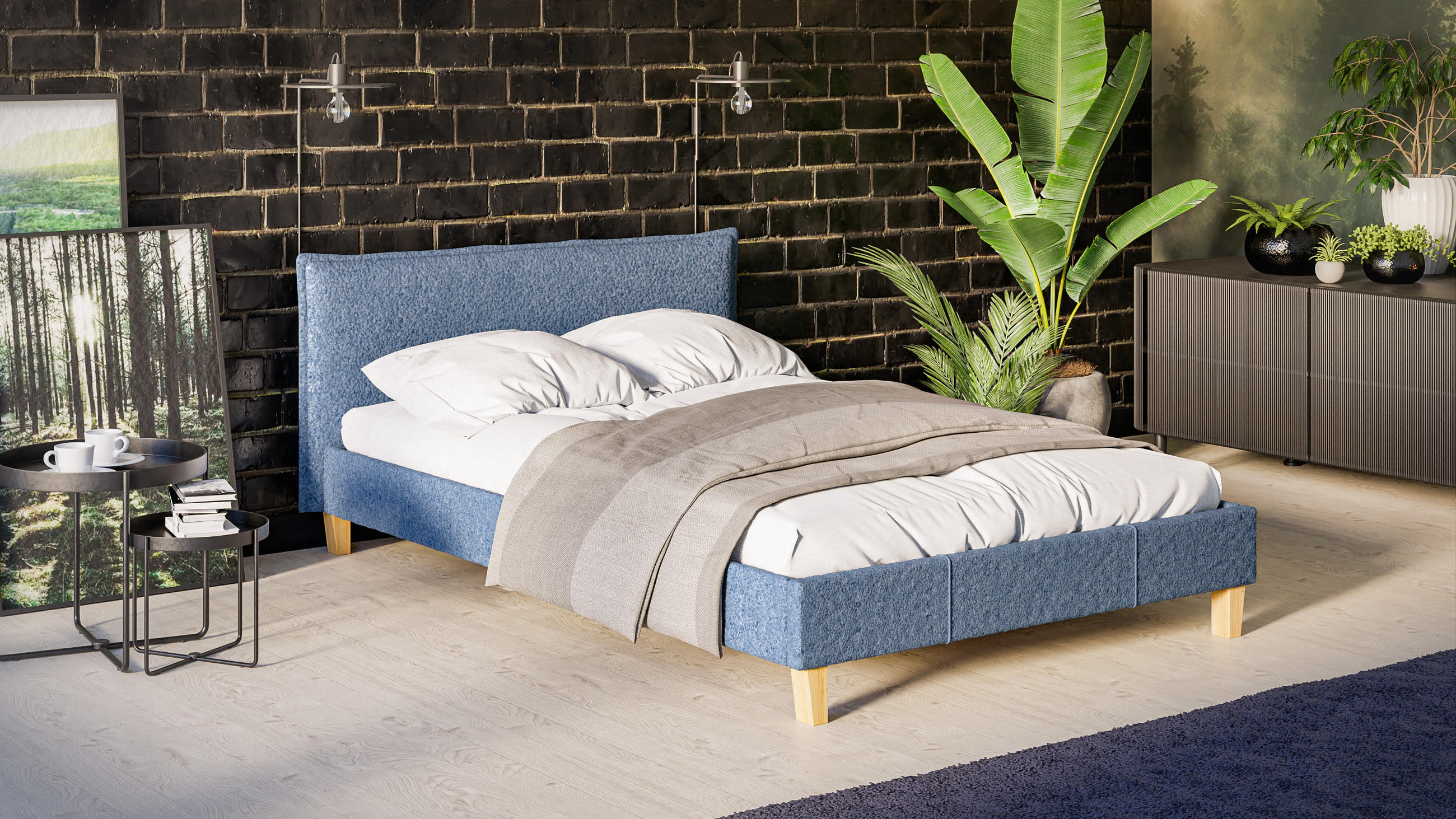 POLSTERBETT Arles 140/200 cm Boucle-Stoff - Blau/Hellbraun, Holz/Textil (140/200cm) - S-Style Möbel