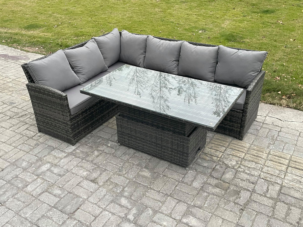 GARTENSET mit Höhenverstellbarer Tisch Polyrattan Dunkelgrau 6-Sitzer - Dunkelgrau/Grau, Glas/Kunststoff - Fimous