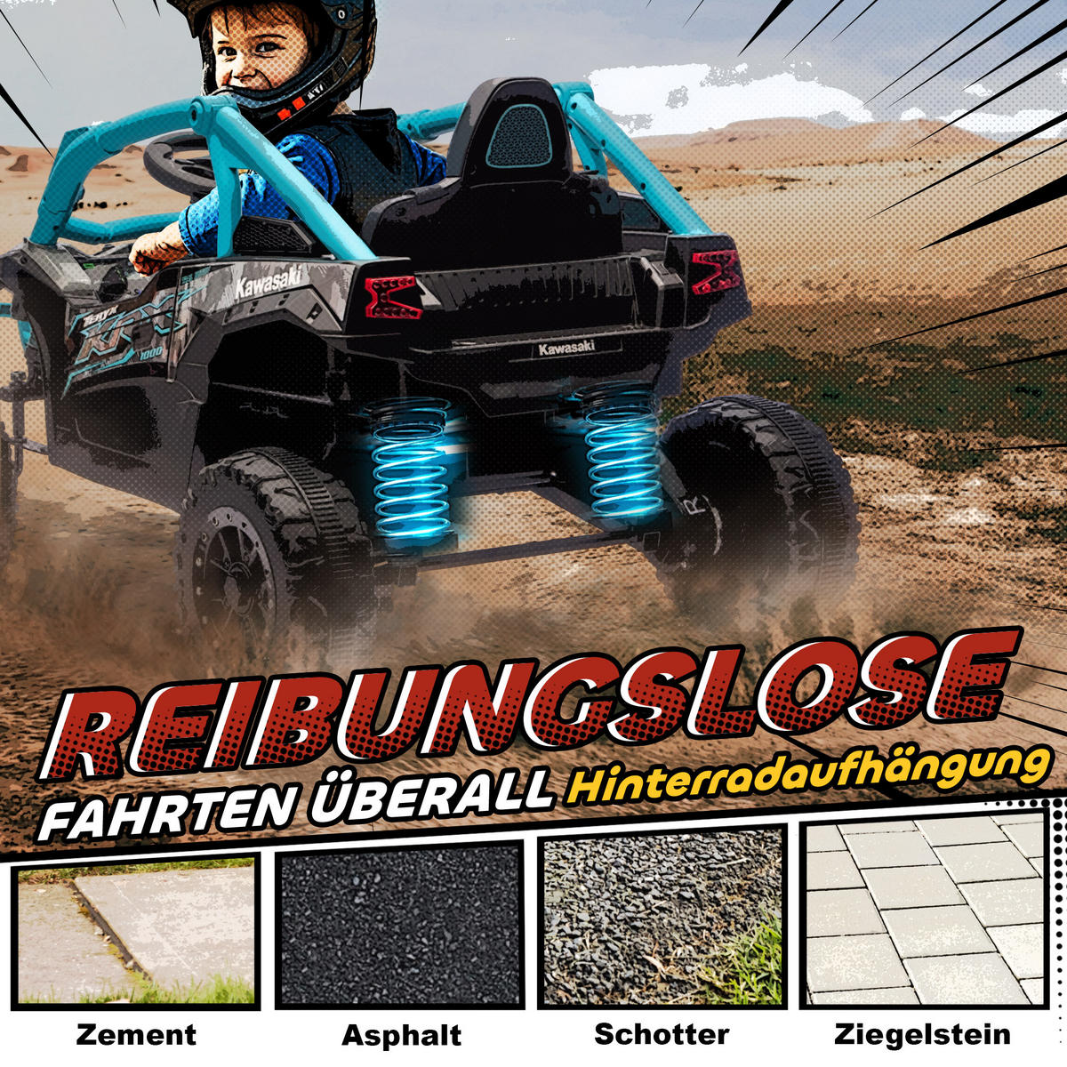 KINDER-ELEKTROAUTO 12V mit 2 Motoren Fernbedienung und LED-Leuchten - Blau, Kunststoff (100/64/56cm) - AIYAPLAY