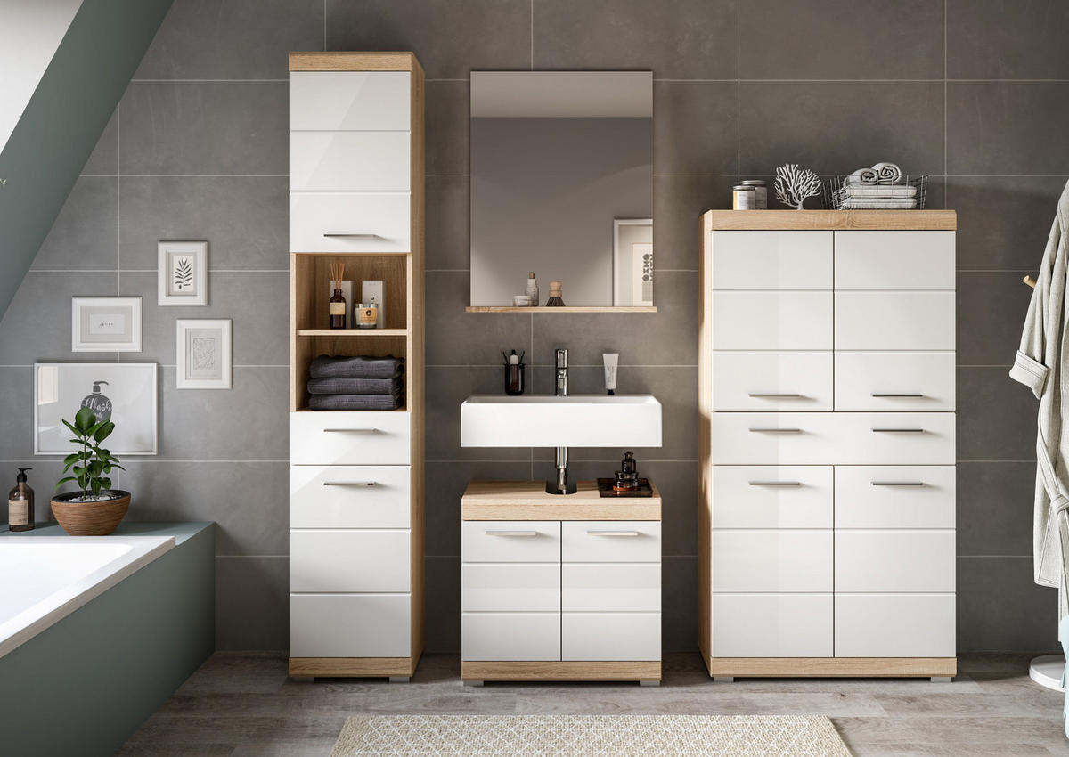 BADMÖBEL-SET weiß Hochglanz, Eiche 4-teilig 186 cm, viel Stauraum - Weiß Hochglanz/Eichefarben, Holzwerkstoff (186/191/34cm) - Inn.Furn