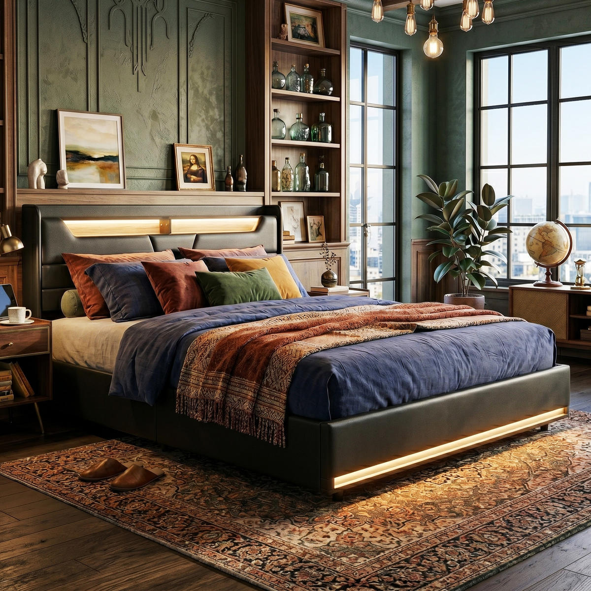 POLSTERBETT Schwebe-Optik 140/200 cm mit Bettkasten Dual-LED Kunstleder Schwarz - Schwarz, Textil (140/200cm) - Creahappy