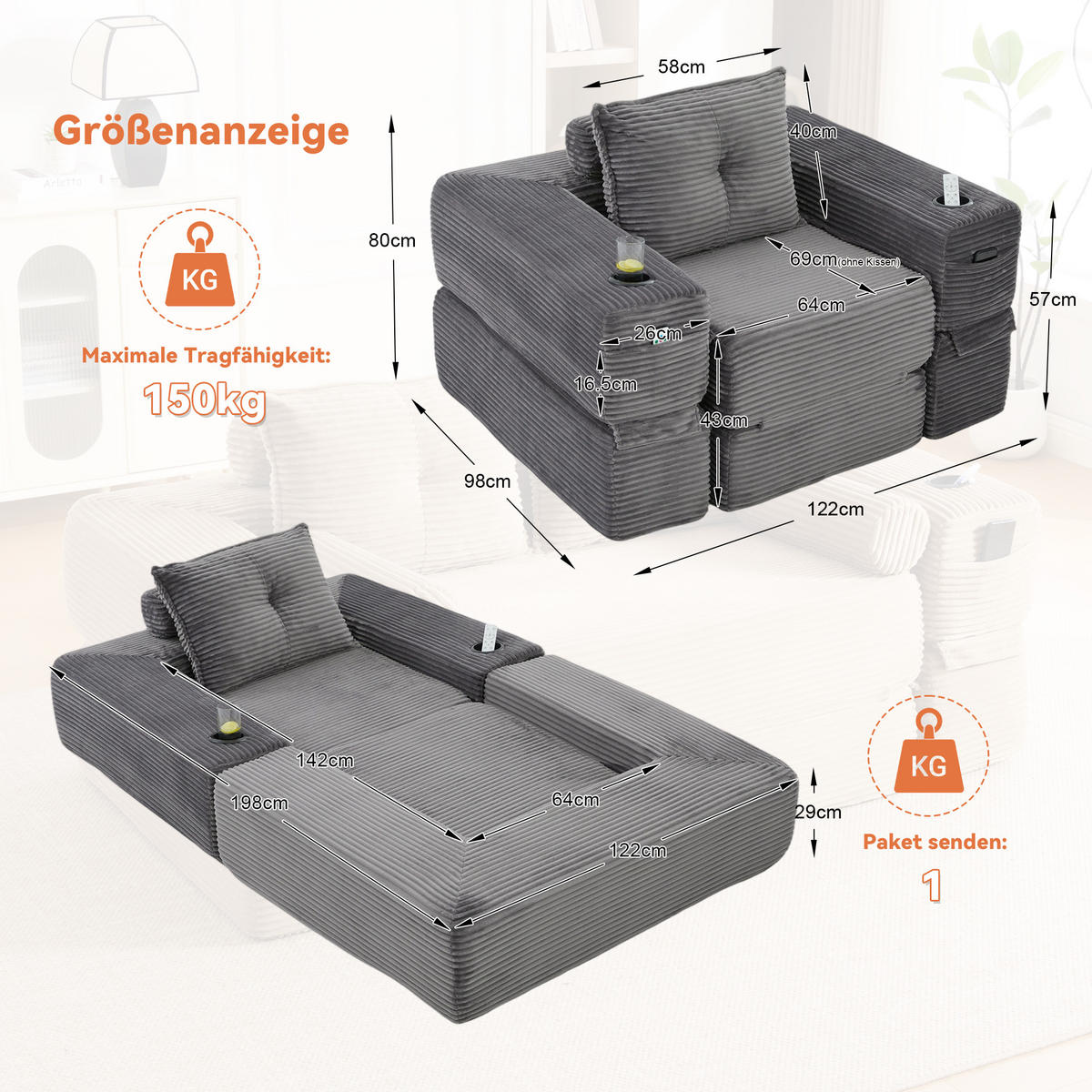 SCHLAFSOFA mit Schlafunktion, Getränkehalter und Federkern aus Cord - Dunkelgrau, Textil (122/80/98cm) - EVRYAE