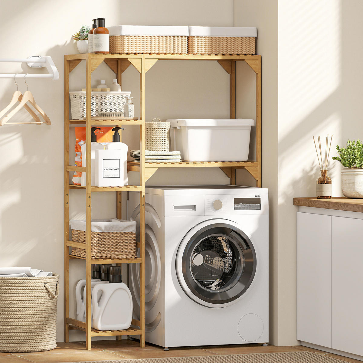 WASCHMASCHINENREGAL DE-10497 7 Ablagen, verstellbar Bambus - Naturfarben, Naturmaterialien (40/157/100cm) - ComfortXL