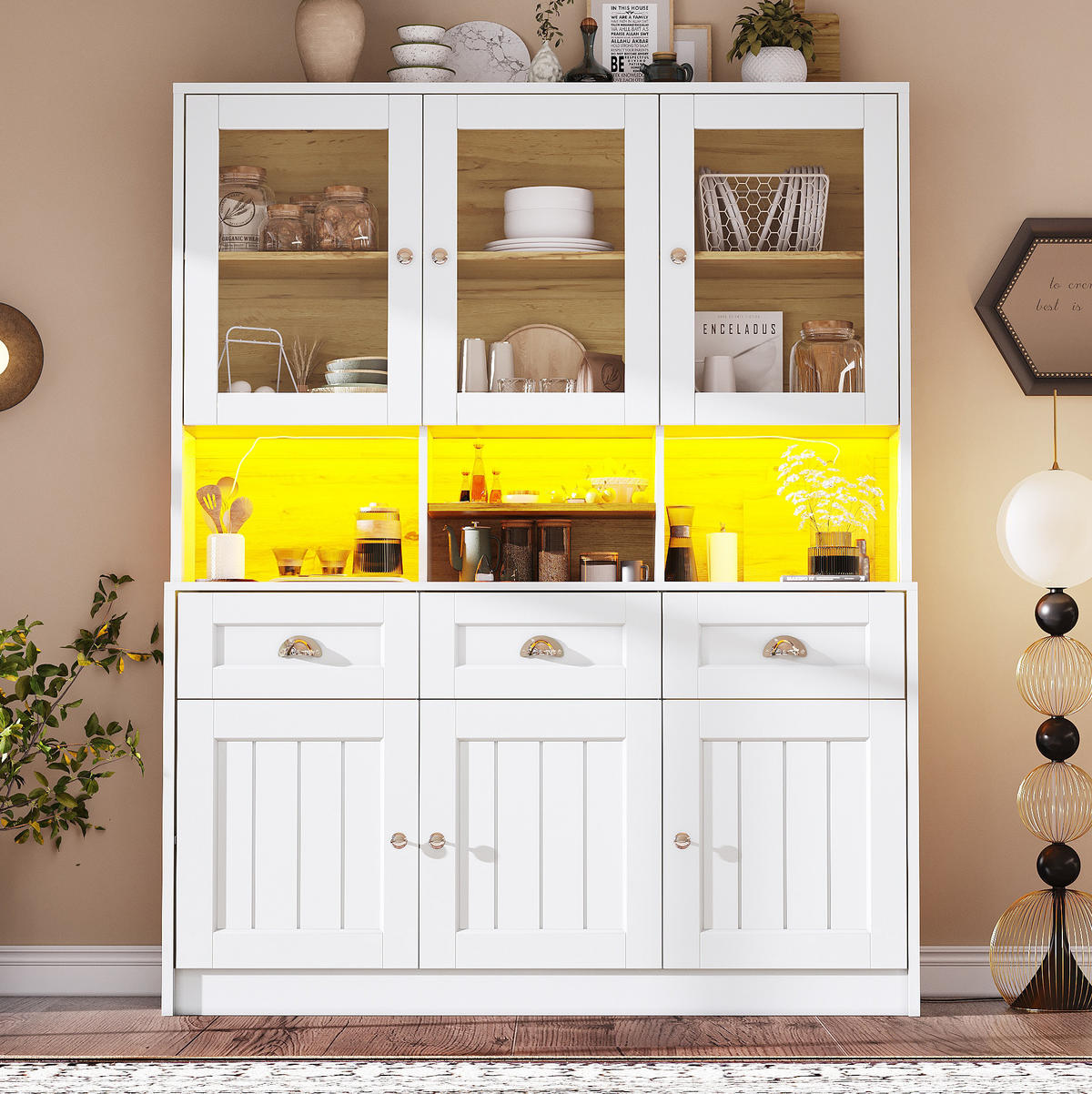 BUFFETSCHRANK 140/40/175 cm mit LED-Beleuchtung und verstellbaren Einlegeböden, Weiß - Weiß, Holzwerkstoff (140/175/40cm) - Redom