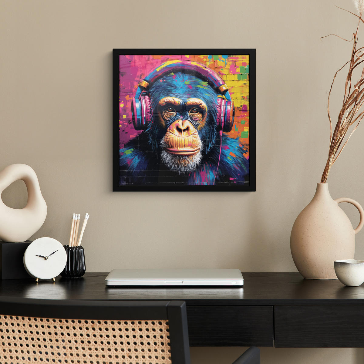 POSTER MIT RAHMEN Graffiti - Schimpanse - Straßenkunst - Kopfhörer - Affe 40x40 cm - Blau, Papier (40/40cm) - MuchoWow