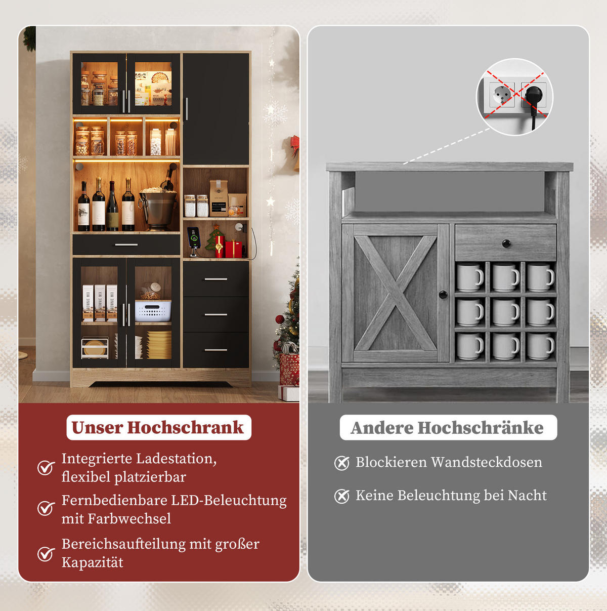 BUFFET 100/40/185 cm aus MDF mit LED-Beleuchtung und Steckdosenleiste Schwarz/Natur - Schwarz, Holzwerkstoff (100/185/40cm) - Modenvie