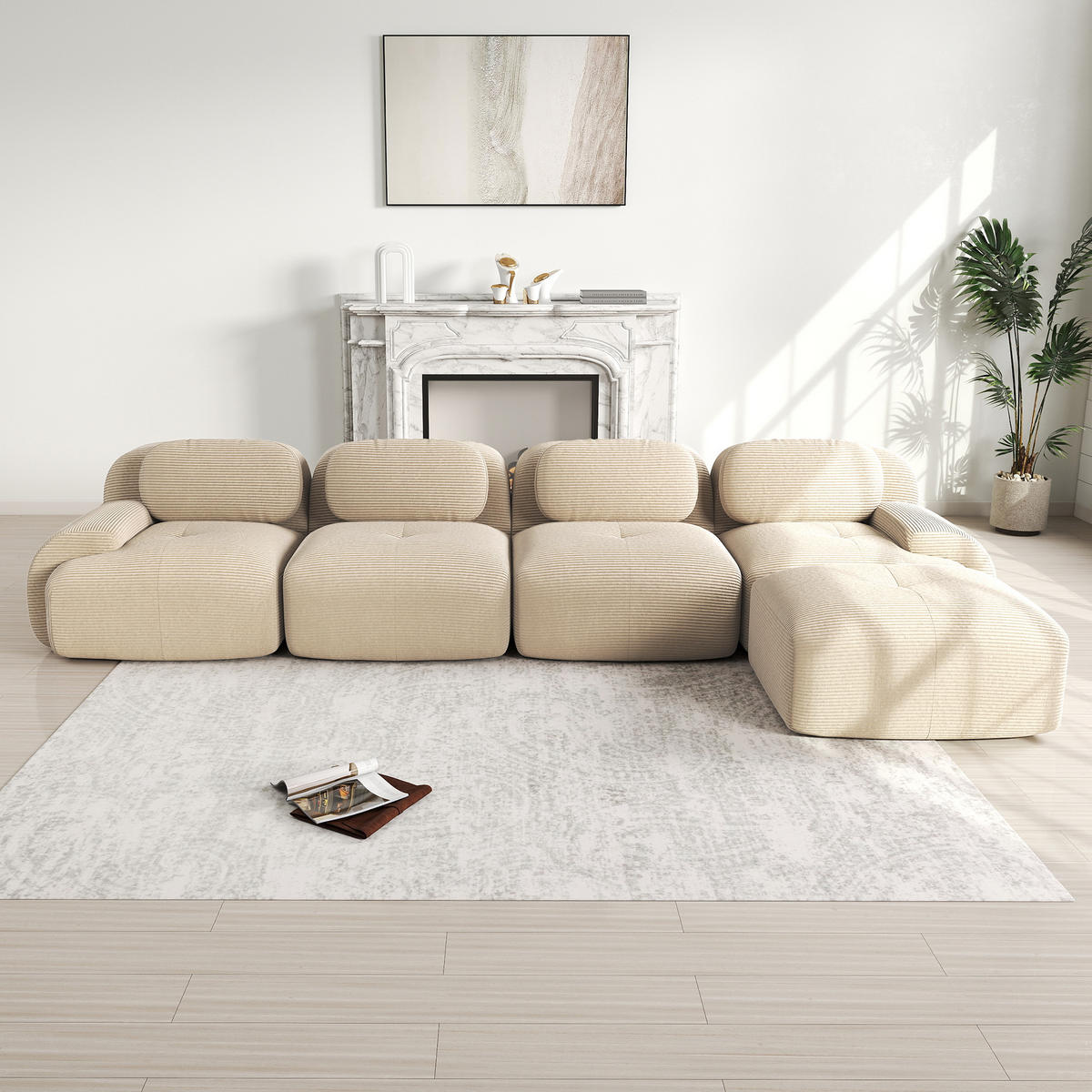 4-SITZER ECKSOFA Cord Beige mit Chaiselongue und rutschfester Unterseite - Beige, Textil (388/103cm) - WISHDOR
