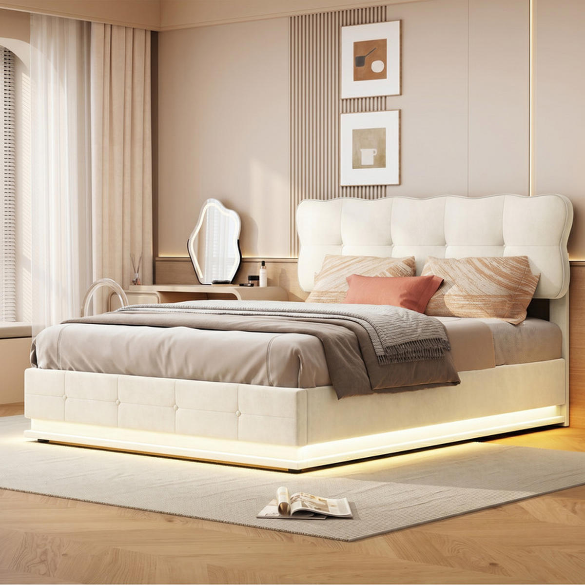 POLSTERBETT 140/200 cm beige mit Stauraum und LED - Beige, Holz