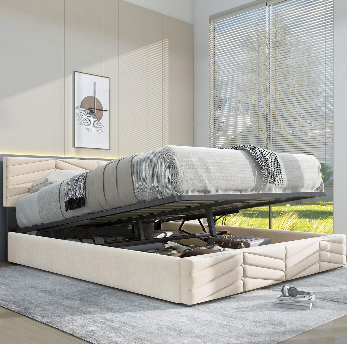 POLSTERBETT 140/190 cm in Beige aus Samt mit verstellbarem Kopfteil - Beige, Textil (140/200cm) - Flora Grace