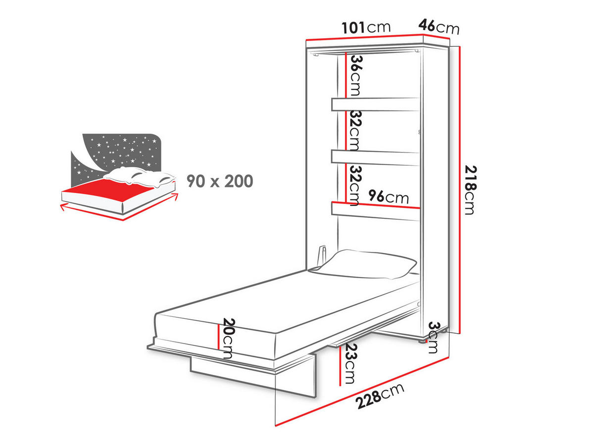 SCHRANKBETT Bed-Concept BC-03 90x200 - Grau, Holz/Holzwerkstoff (90/200cm) - MIRJAN24