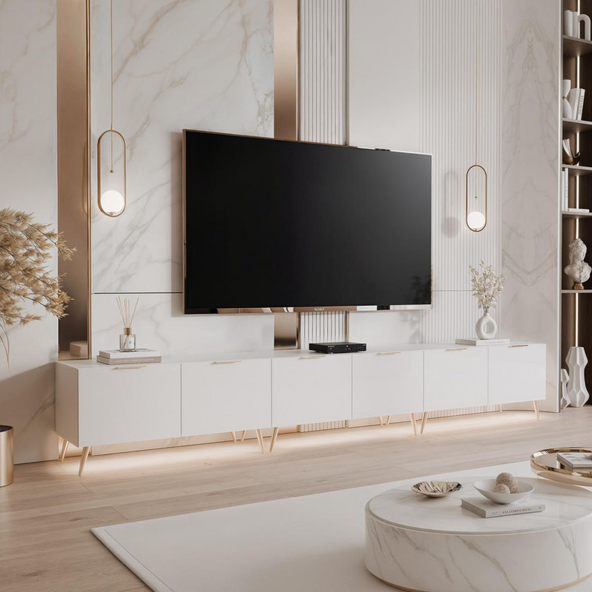 TV skrinka ANGEL biela stojaca s LED osvetlením 300 cm - biela, kompozitné drevo (300/49/40cm) - Idohome