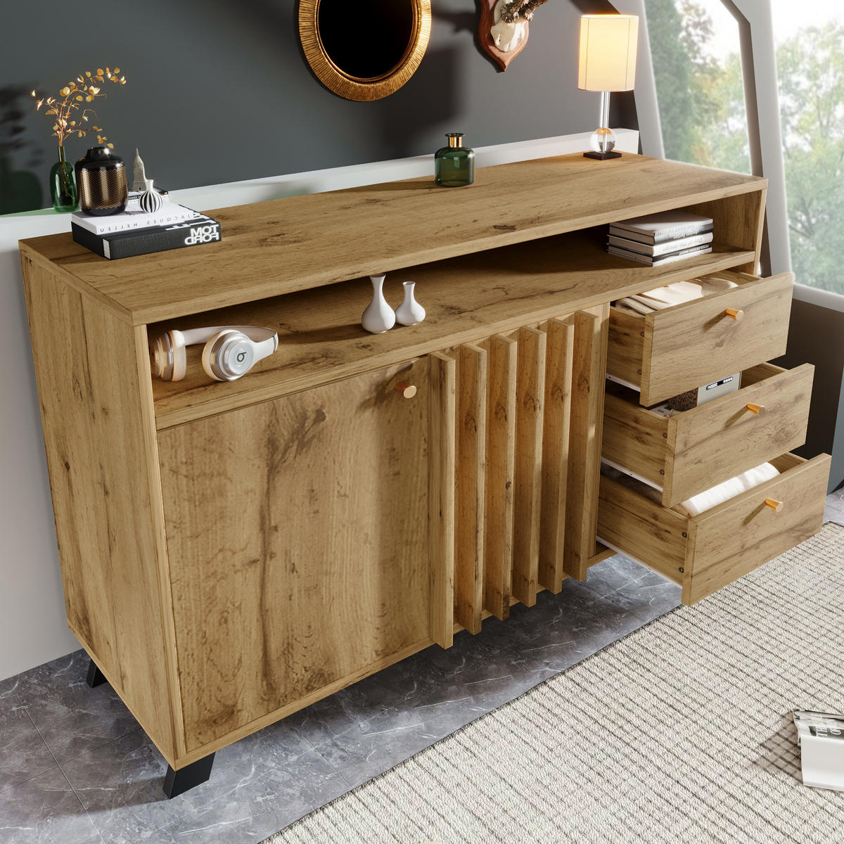 SIDEBOARD aus Holz 120x40x85 cm Dunkle Eiche mit 3 Schubladen, 2 Türen, offenem Fach und Lamellenfront - Braun, Holzwerkstoff (120/85/40cm) - Modfu
