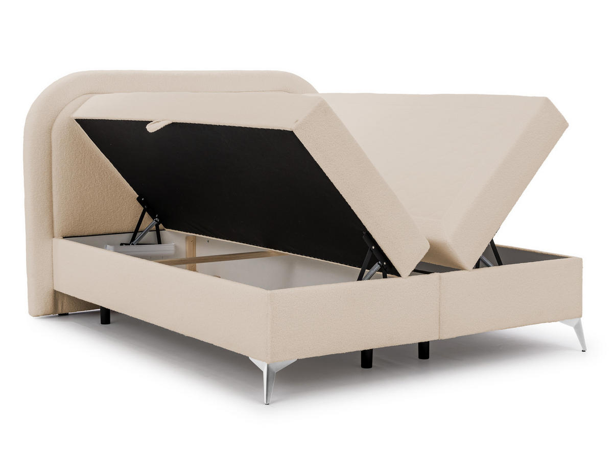 BOXBETT Sonna 160/200 cm Hellbeige Bouclé-Stoff mit abgerundetem Kopfteil und mit silbernen Metallfüßen - Beige/Silberfarben, Holz/Textil (160/200cm) - S-Style Möbel