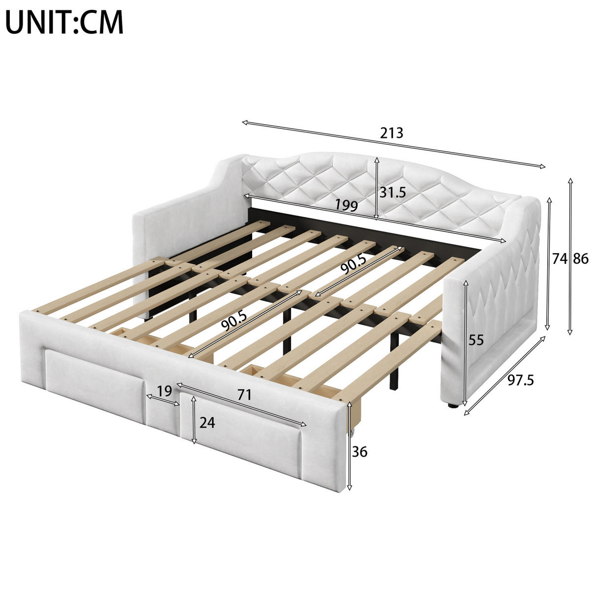 DENNÁ posteľ 90/200 cm biela rozkladacia na 180/200 cm s LED a zásuvkami z MDF, preglejky a zamatu - biela, textil (90/200cm) - OKWISH
