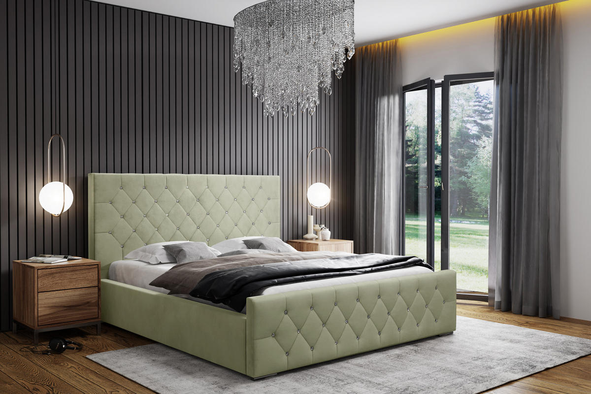 POLSTERBETT Mona I Polsterbett modern, hochwertiger Stoff, Bettkasten, elegantes halbrundes Design 160x200 cm, Seladon. - Schwarz/Hellgrün, Holzwerkstoff/Kunststoff (160/200cm) - DomoHome