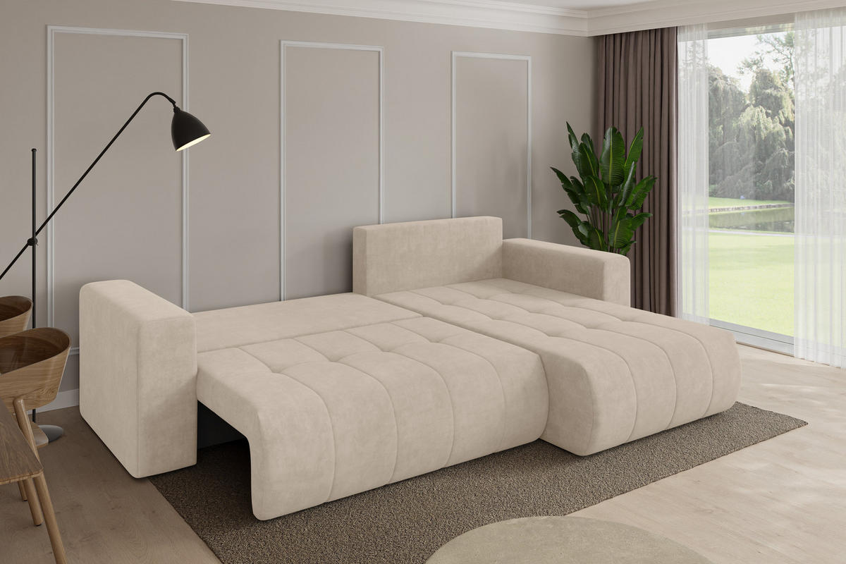 ROHOVÁ SEDAČKA s funkcí spaní, otoman vpravo MILA-L 277x194x86 béžová velur - černá/Sahara, kompozitní dřevo/textil (277/194cm) - ALTDECOR