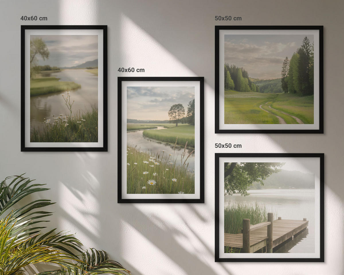 BILDER SET 4er Set - 50x50 cm & 40x60 cm Schwarzer Rahmen - Sommerlandschaften Flusswiese - Schwarz, Kunststoff (50/50cm) - TULUP