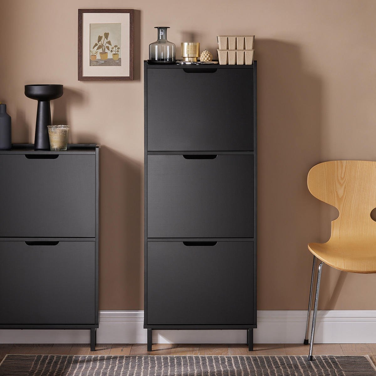 SCHUHSCHRANK mit 3 Klappen, Schwarz 50x129x19cm - Schwarz, Holzwerkstoff/Metall (50/129/19cm) - SoBuy