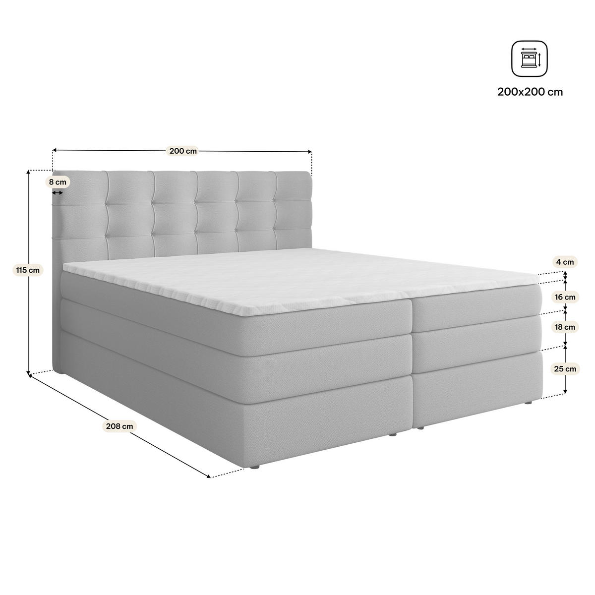 BOXSPRINGBETT AREZI 200x200 cm mit Matratze und Topper, H2+H3 - Braun - Braun, Holz (200/200cm) - MASSENO