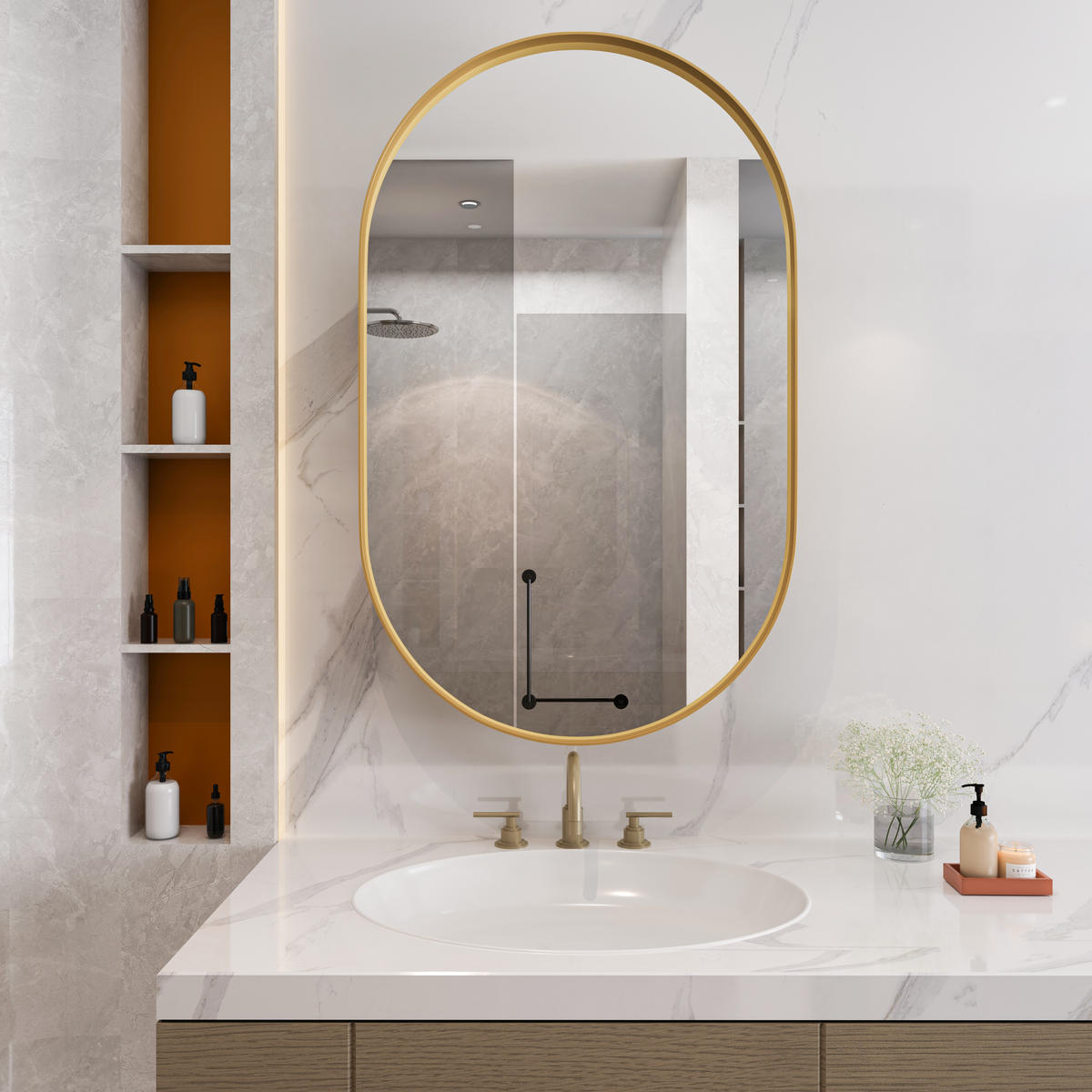 SPIEGELSCHRANK oval mit goldenem Metallrahmen – Wandschrank mit Spiegel & verstellbaren Ablagen, für Bad, Wohn- & Schlafzimmer - Goldfarben, Metall (51.5/12/85cm) - Ej. Life