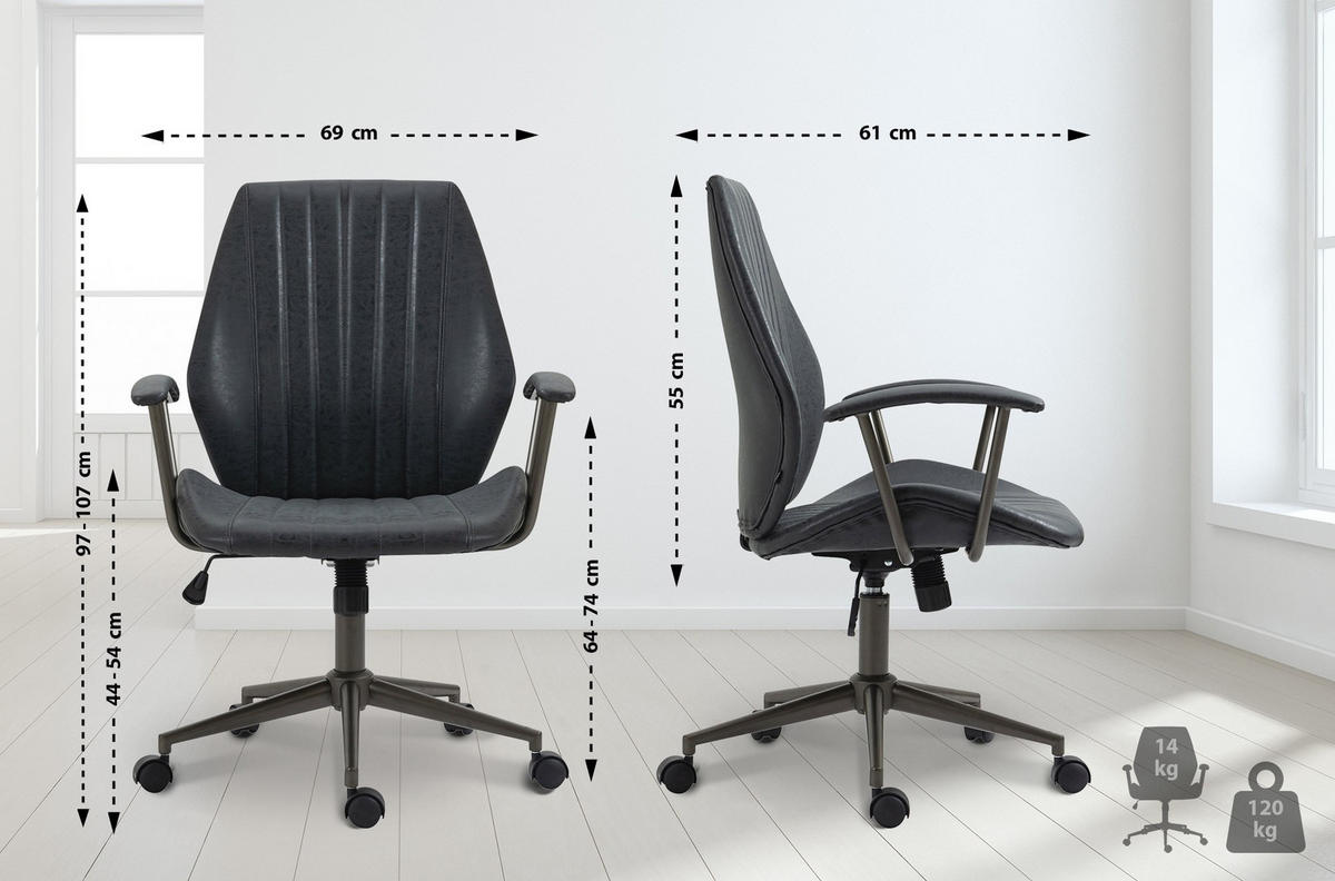 DREHSTUHL Lederlook antik schwarz - Schwarz, Textil/Metall (69/97/61cm) - CLP